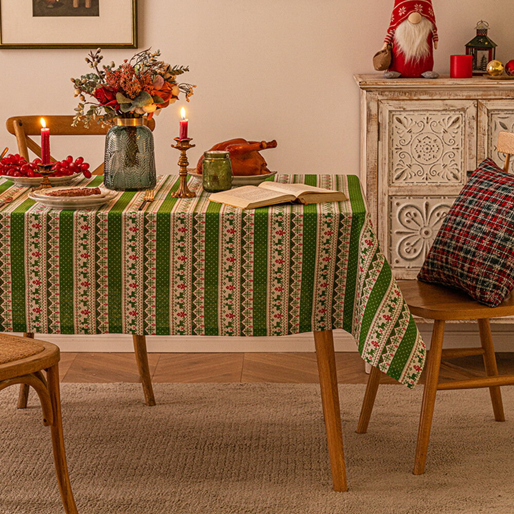 誕禮物印花桌布新年誕節裝飾花邊仿棉麻餐桌布藝拍攝背景布
