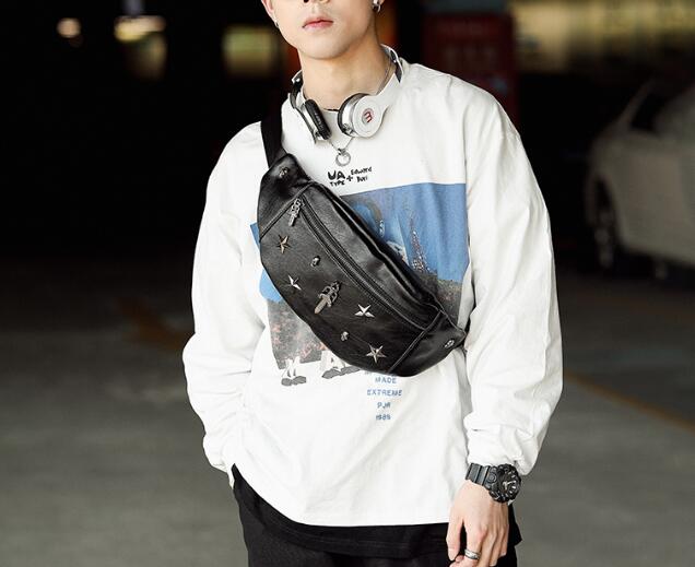 FINDSENSE X 韓國 男士 多功能 街頭潮流時尚釘 戶外運動胸包 單肩包 斜挎包 腰包