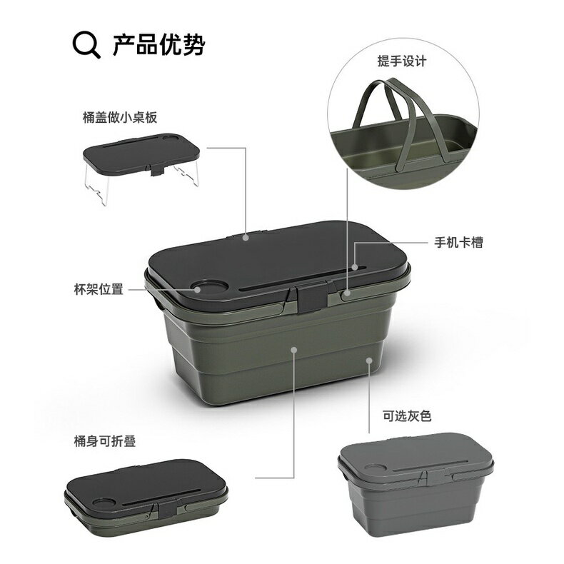 摺疊購物籃 野餐提籃 帶蓋子摺疊水桶 多功能户外可折疊野餐籃大容量露營收納籃加野餐桌 露營收納桌 7