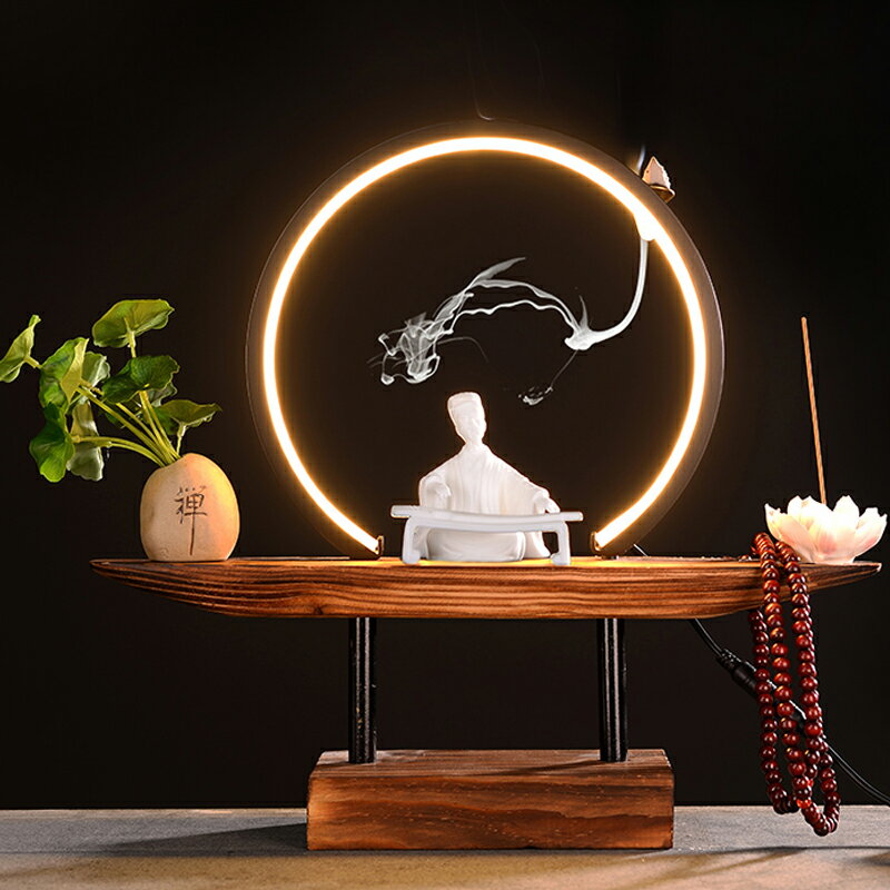 新中式禪意擺件led燈圈玄關客廳創意陶瓷歷史人物倒流香家居裝飾