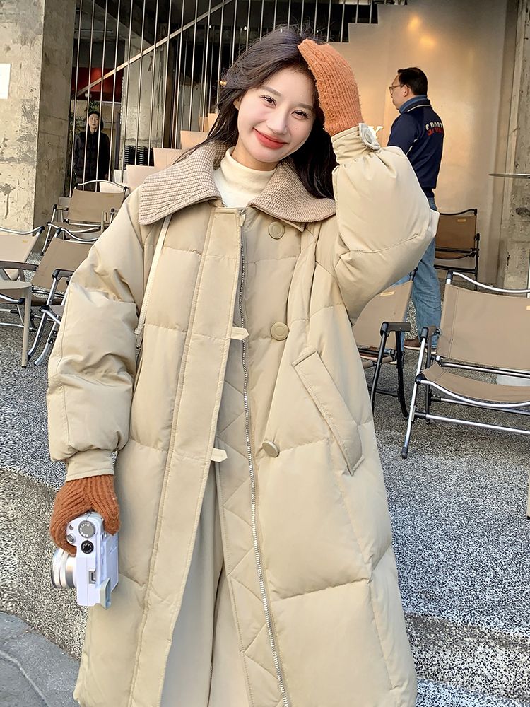 快速出貨/羽絨外套 長大衣 韓版中長款針織娃娃領羽絨服女年冬季新款加厚顯瘦白鴨絨外套