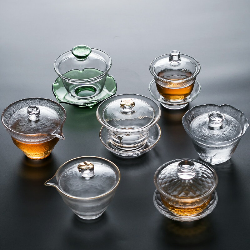 加厚耐熱透明玻璃錘紋手抓蓋碗茶備功夫茶具泡茶碗三才碗茶杯