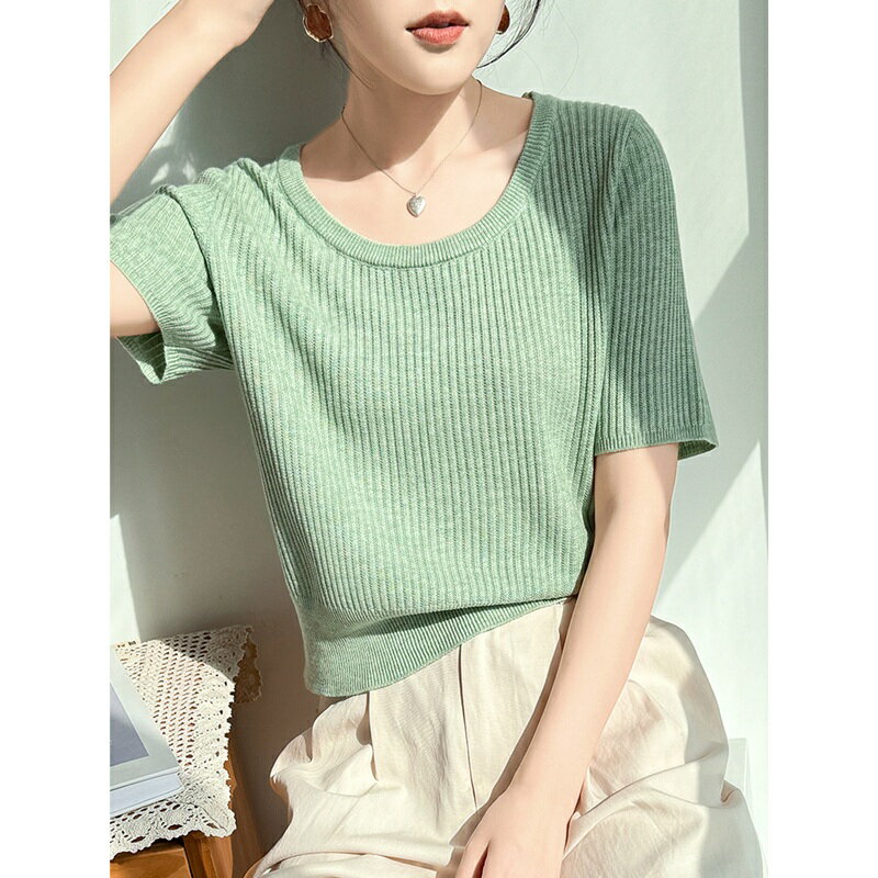 現貨+預購 針織衫短袖毛衣-冰絲透氣薄款T恤女上衣4色74lc35【獨家進口】【米蘭精品】