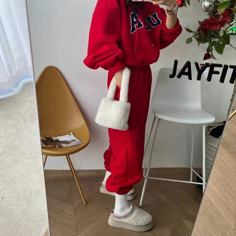 ANNAS 正韓紅色套裝 UCLA羊羔毛套裝 韓國刷毛連帽衛衣長褲 新年 過年 2024龍年開運穿搭 7
