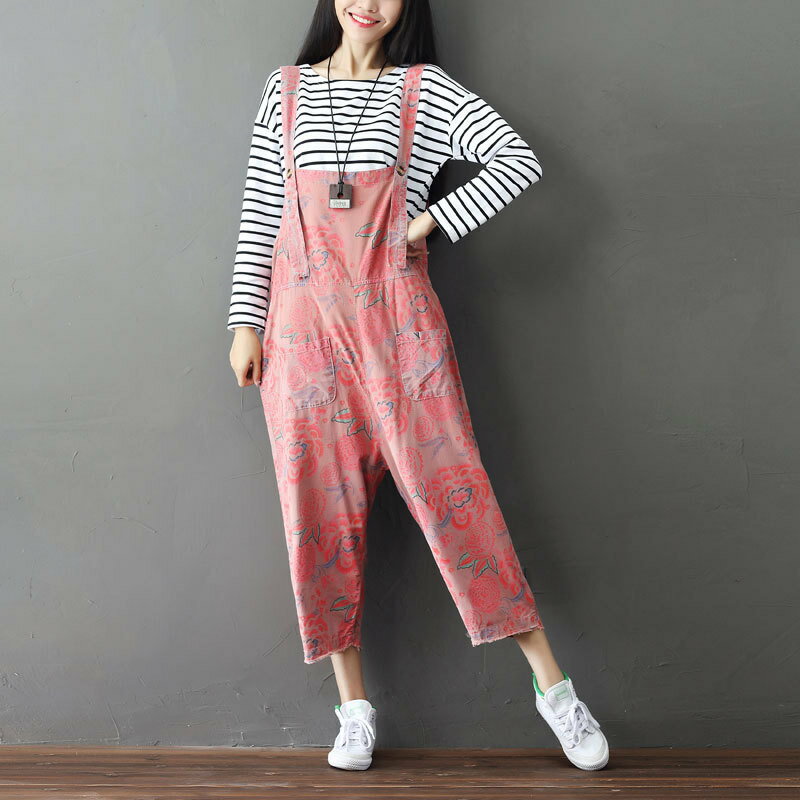【巴黎精品】吊帶褲休閒長褲-棉麻韓版印花做舊七分女褲子2色a1ir47