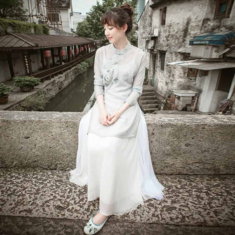 改良漢服女中式套裝2022年夏文藝民國風女裝禪服日常茶服夏裝上衣