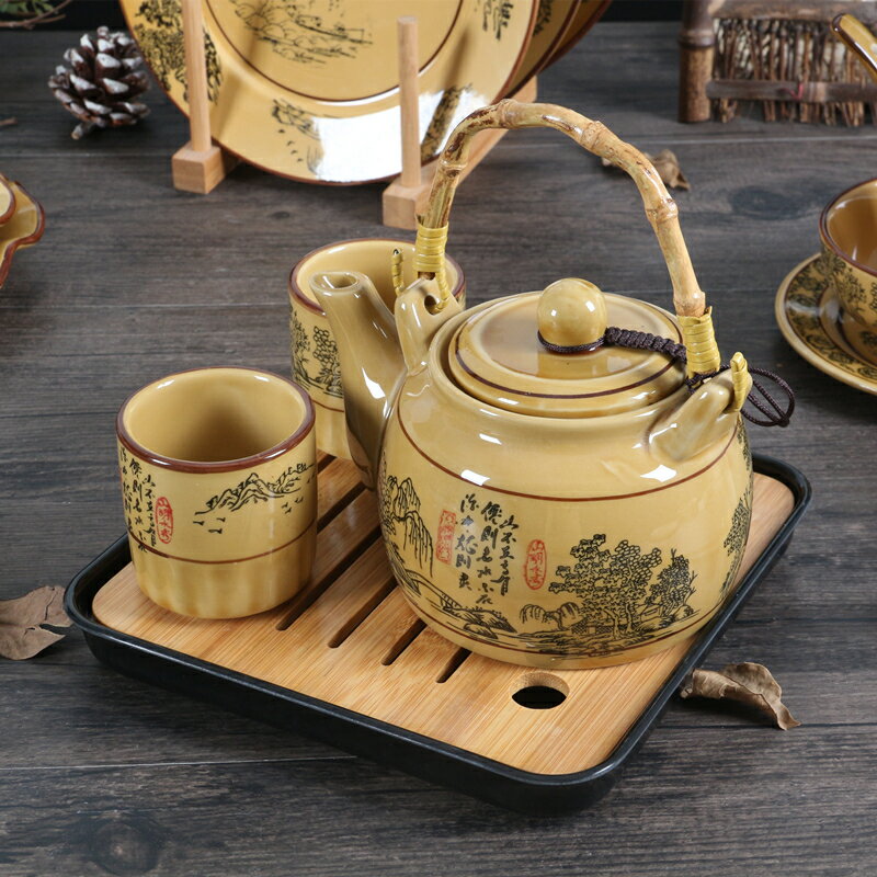 復古新中式陶瓷茶具套裝帶茶盤創意大號茶壺冷水水壺茶杯水杯商用