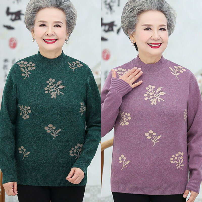 【米蘭精品】現貨+預購 高級針織衫上衣秋冬毛衣寬鬆大碼休閒女裝百搭媽媽裝-長袖印花圓領女上衣5色74mo78