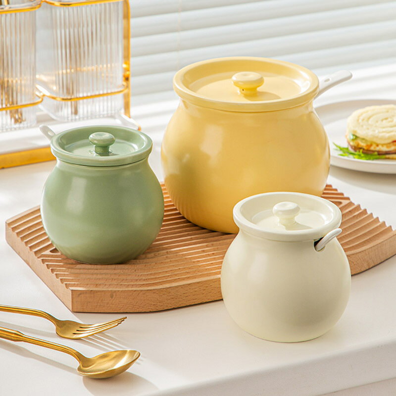 北歐風調味罐廚房家用陶瓷調料瓶套裝組合味精罐裝鹽辣椒罐帶蓋勺