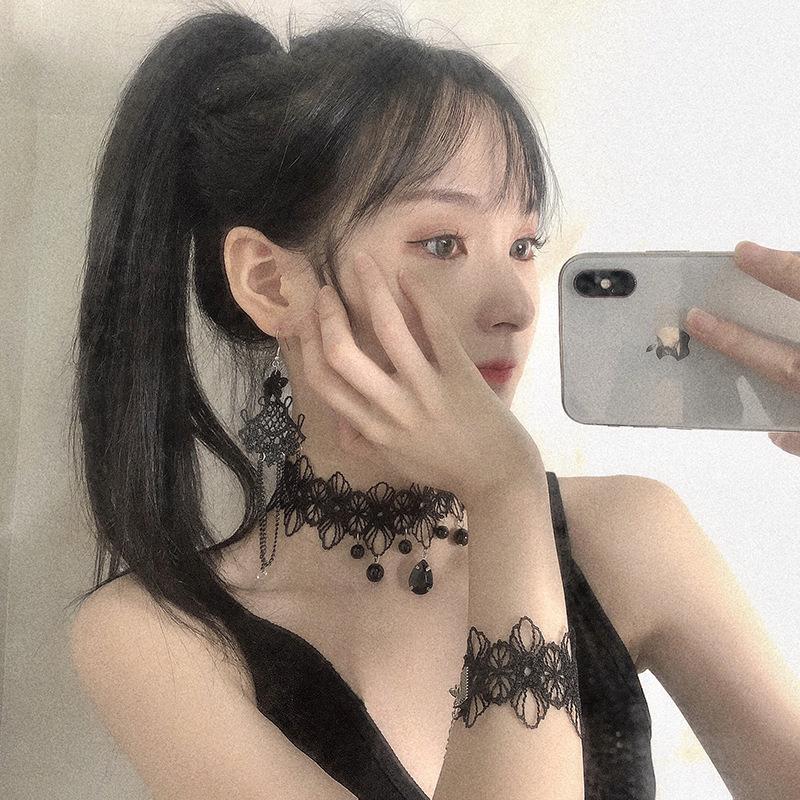 日系哥特風黑色蕾絲花朵流蘇耳環項鏈手鏈女潮ins小眾洛麗塔套裝