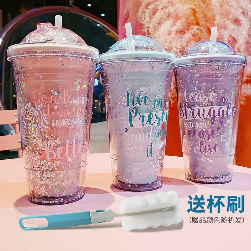 網紅ins創意杯子男女學生韓版可愛少女心冰杯防摔塑膠帶吸管水杯