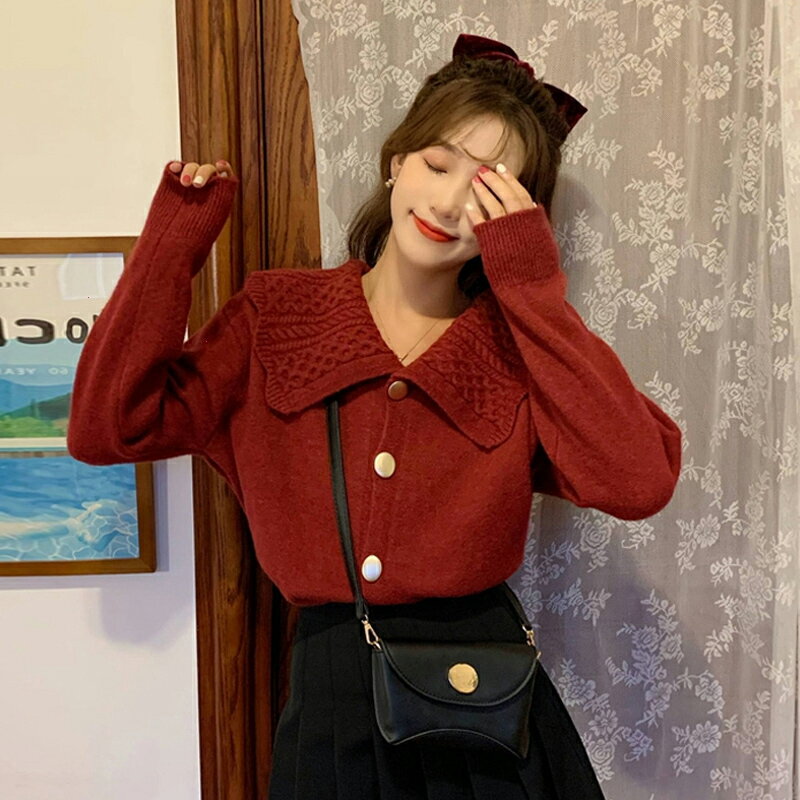 日系慵懶紅色毛衣女秋冬2021年新款韓版復古寬松外穿針織開衫外套
