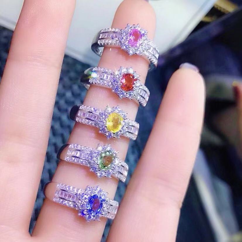 天然彩色藍寶石貴重寶石s925銀鍍18k金戒指女款時尚簡約婚戒