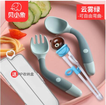 一歲嬰兒勺子學吃訓練吃飯筷子兒童輔食勺可彎曲叉子餐具套裝 99購物節