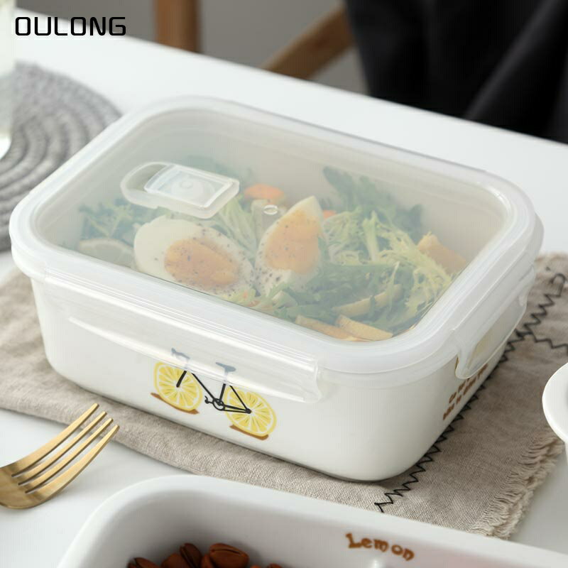 陶瓷飯盒食品盒帶蓋保鮮盒微波爐飯盒長方形湯碗密封碗上班族飯碗
