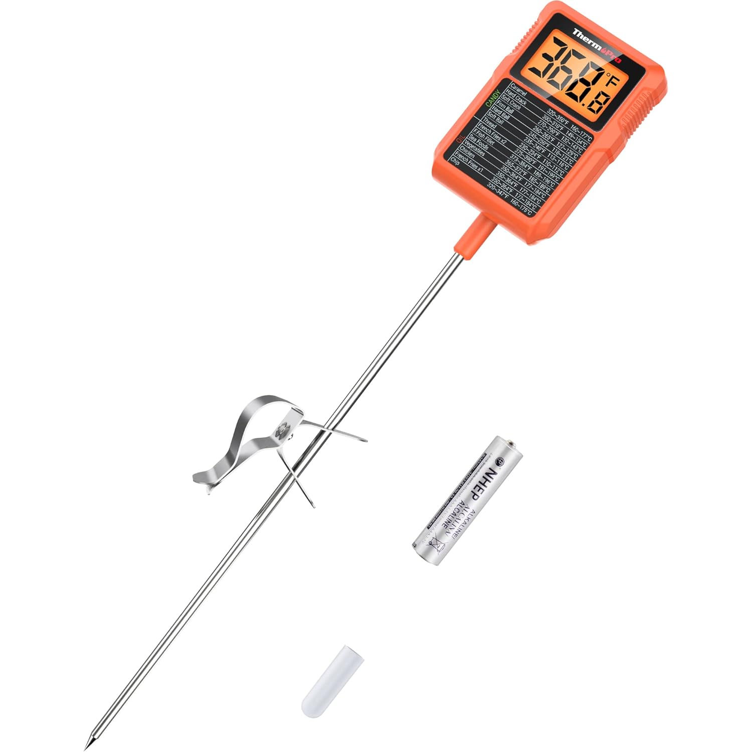 [4美國直購] ThermoPro TP510 糖果油炸鍋探針式溫度計 8吋探頭帶鍋夾 -50-300度C 0.5精度 IPX5防水電池式 NSF認證