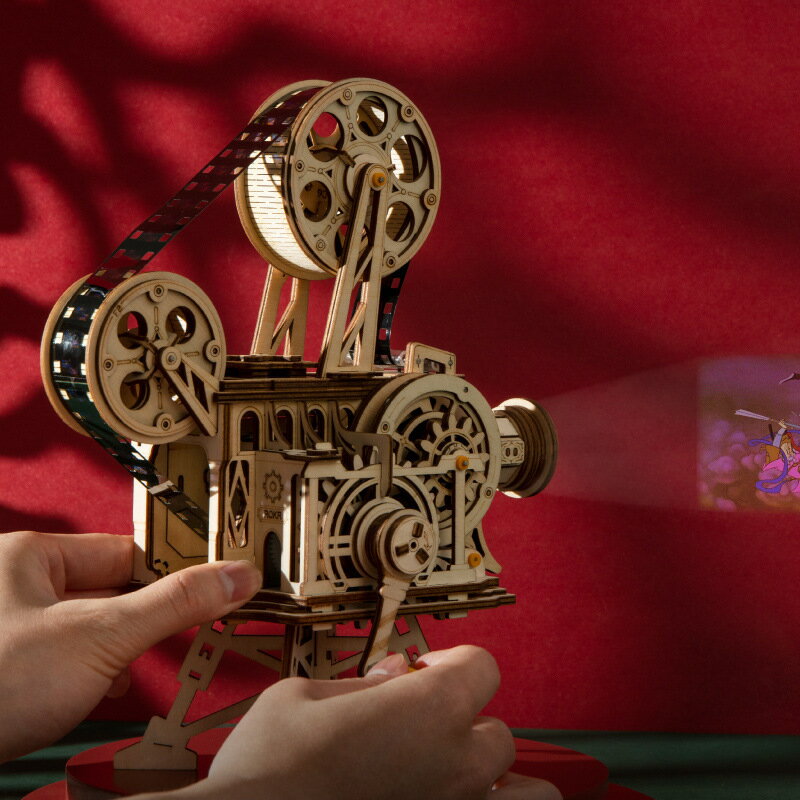 老式放映機木質拼裝機械傳動模型立體拼圖玩具diy手工拼裝高難度