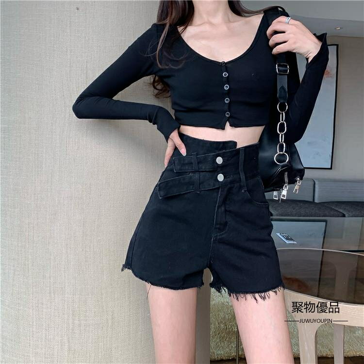 女生牛仔褲推薦，牛仔短褲推薦到錯位牛仔短褲女高腰大碼闊腿a字熱褲日本【聚物優品】