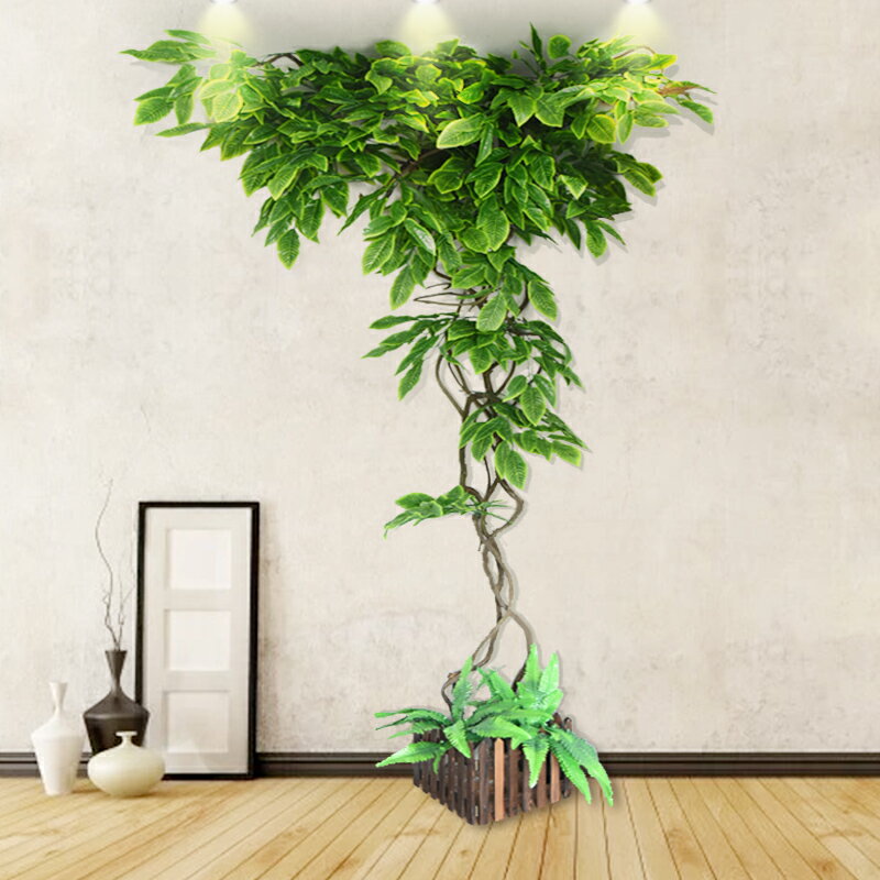 假樹仿真樹藤植物綠植墻面裝飾枯爬藤條榕樹綠葉大型室內裝飾樹枝