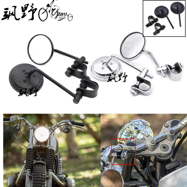 摩托車復古改裝車把管卡鉗式夾管式後視鏡反光鏡通用圓形倒車鏡