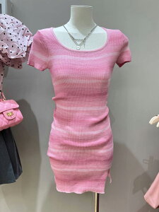 韓國夏甜美風辣妹條紋針織連身裙氣質方領開叉裙女