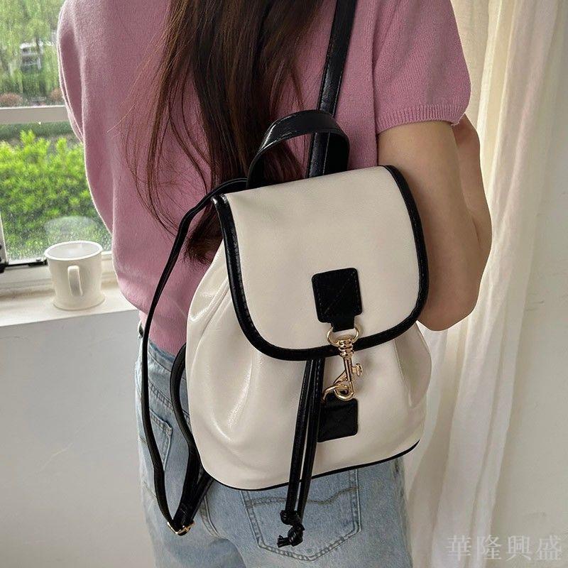 華隆 復古軟皮雙肩包女2024韓版學院風新款休閑百搭學生上課通勤包背包