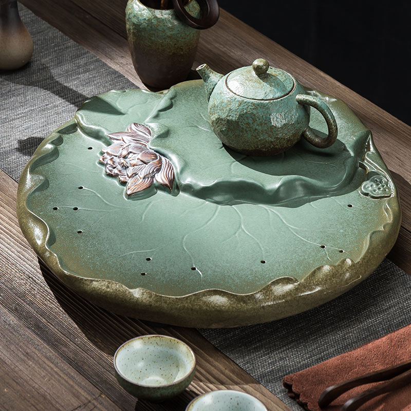 家用創意干泡臺日式簡易陶瓷茶盤荷花功夫茶具托盤粗陶儲水小套裝