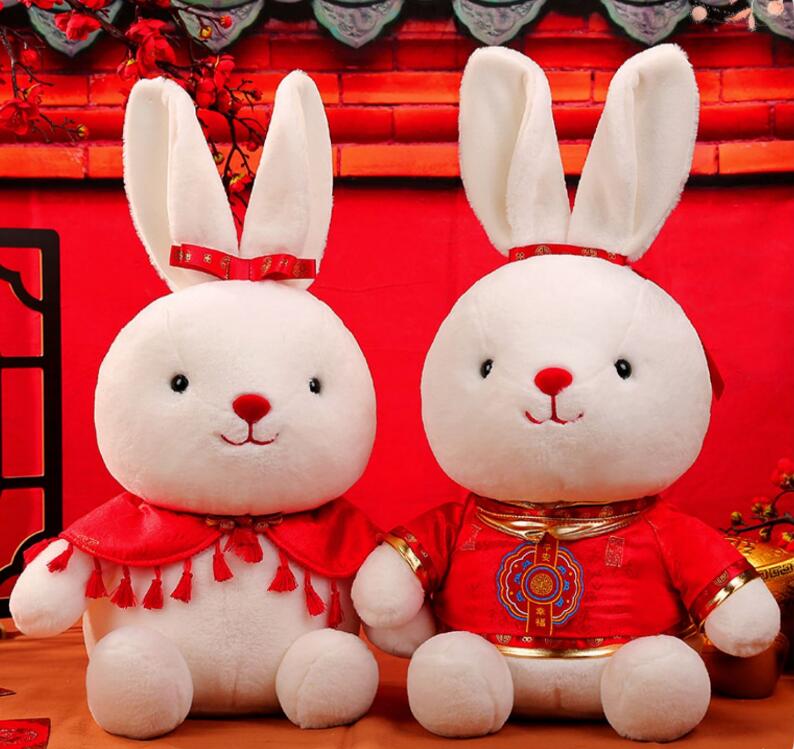 2023兔年吉祥物公仔唐裝小白兔玩偶毛絨玩具生肖兔子新年禮物娃娃