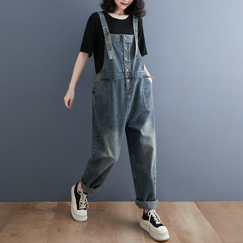 【巴黎精品】吊帶褲丹寧長褲-大碼寬鬆單排扣牛仔減齡女褲子a1bg6
