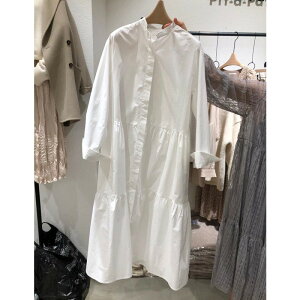 韓國夏季時尚復古收腰氣質白色中長襯衫連身裙女裝