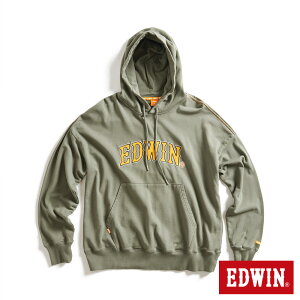 EDWIN 橘標 寬版貼布大LOGO連帽長袖T恤-男款 灰綠色 #換季折扣