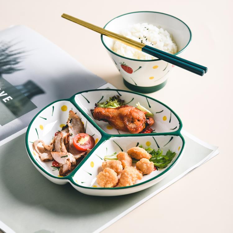 網紅陶瓷日式分餐盤家用定量分隔餐具創意盤子兒童早餐三格分格盤 全館免運