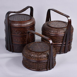 中式復古竹編食盒竹漆器手提籃單層多層收納盒茶點盒提籃茶禮盒