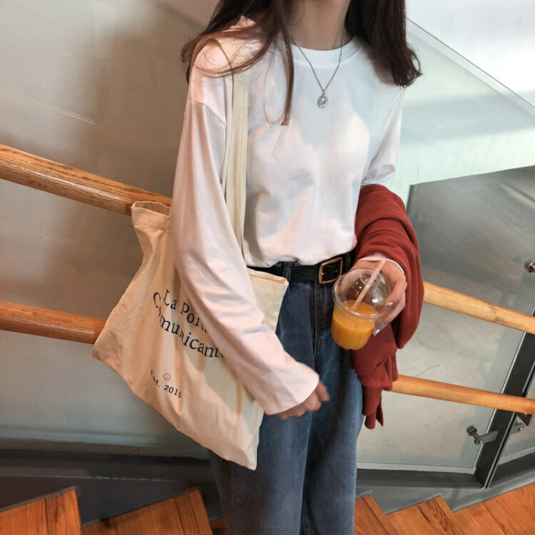 寬松顯瘦圓領長袖T恤女秋季新款韓版學生純色百搭打底衫上衣