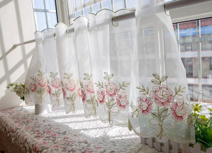 嫣然刺繡半簾咖啡簾 唯美成品小短簾隔斷簾 廚房窗簾紗門簾櫥柜簾 2