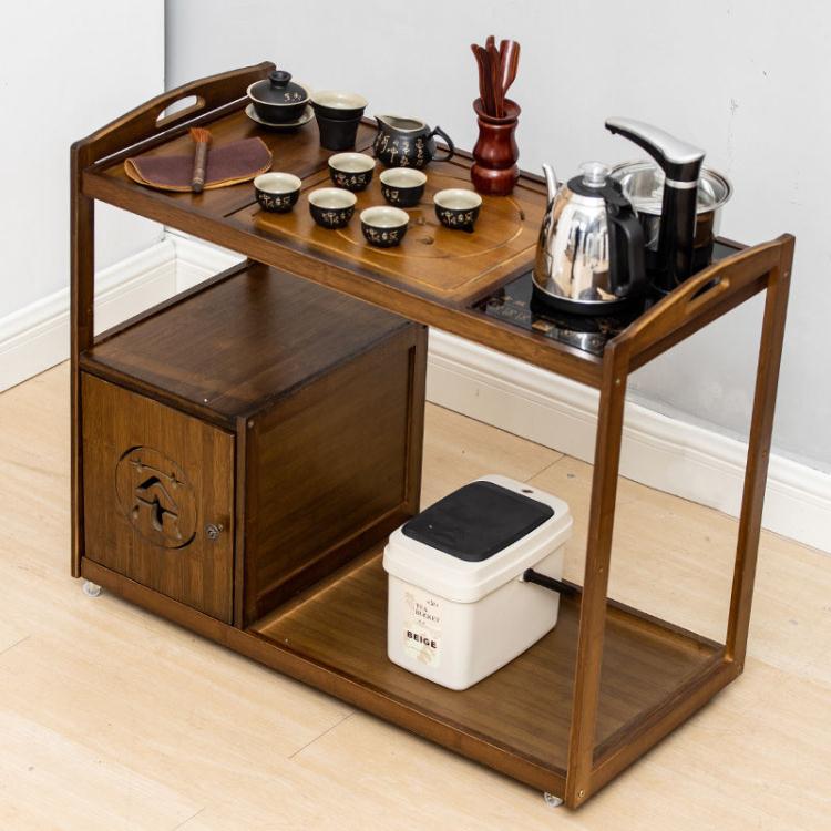 茶車 茶幾移動茶臺大號茶車帶輪小茶盤一體帶櫃茶桌功夫茶具套裝全自動~摩可美家