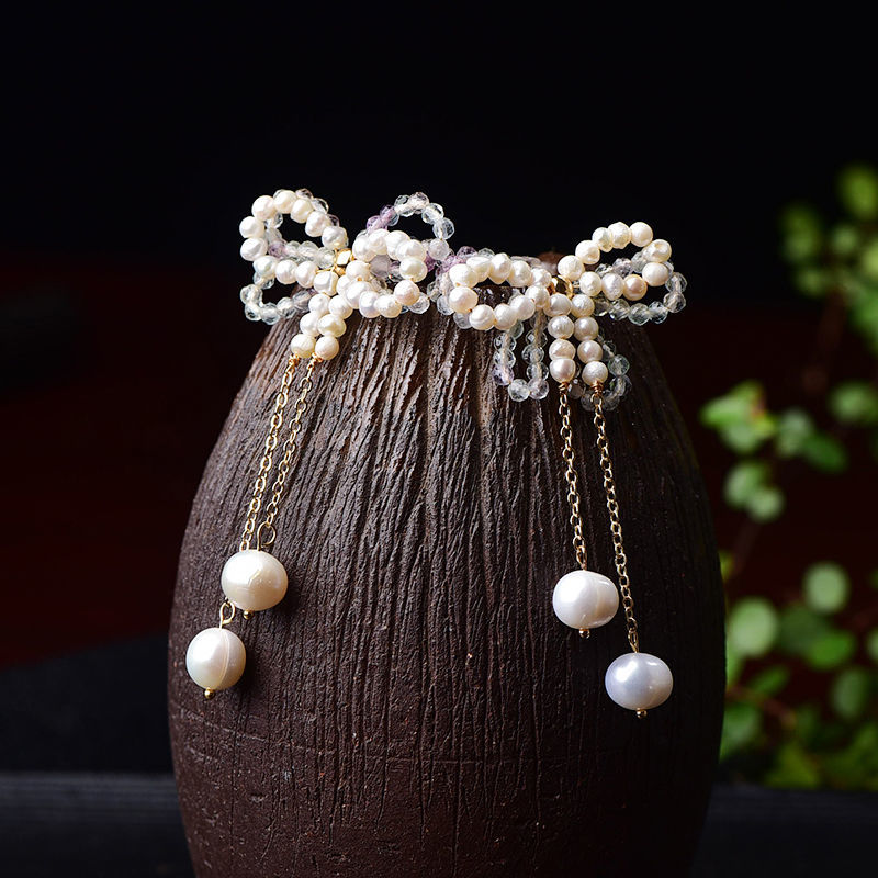 天然淡水珍珠 七彩切面螢石 原創設計 蝴蝶耳釘 仙女時尚耳飾