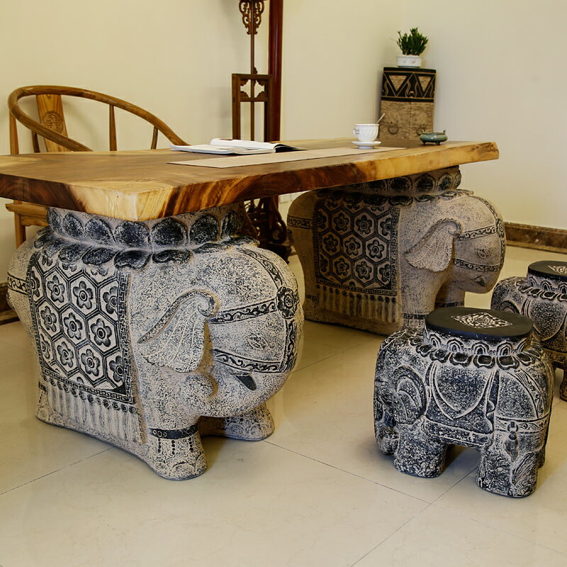 新中式別墅庭院仿古擺件大板支架餐桌腳腿禪意辦公室大象承重墩子