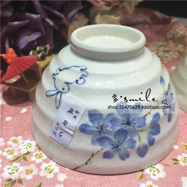 美濃燒手繪粉色藍色陶瓷櫻花兔子吹雪米飯碗情侶碗