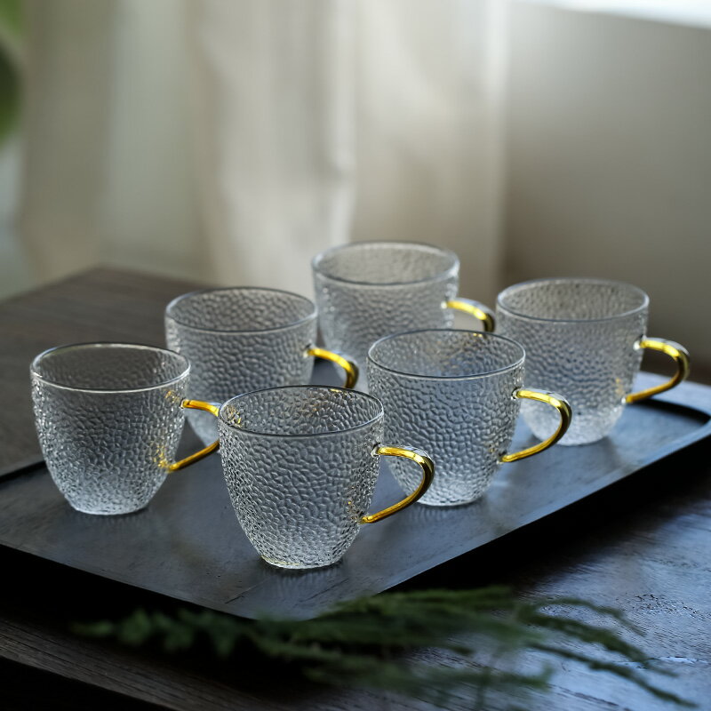 日式玻璃小茶杯6只裝家用迷你帶把咖啡杯杯子功夫茶具錘紋品茗杯