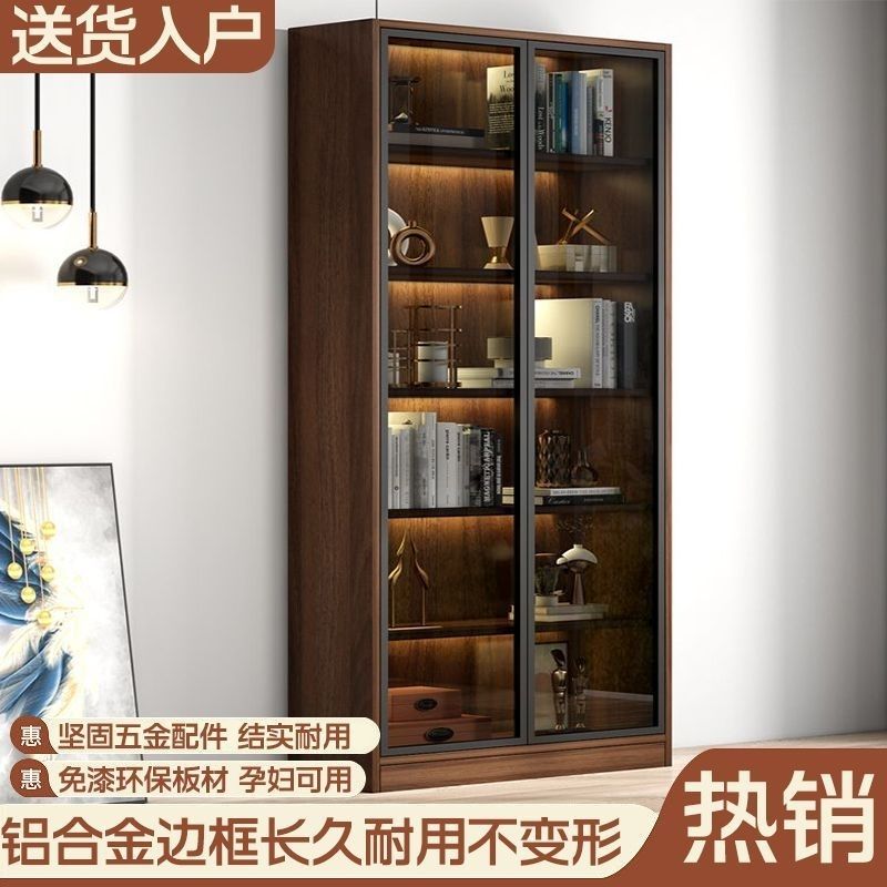 免運/可開發票 書櫃 書架 落地置物架 輕奢全實木書櫃帶玻璃門落地靠墻儲物櫃子客廳展示櫃一體整墻書架 快速出貨