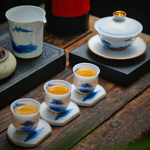 手繪山水茶具套裝高檔白瓷功夫茶具整套陶瓷禮盒裝商務辦公禮品
