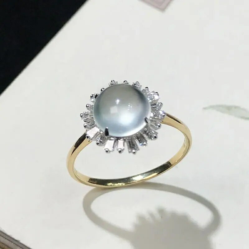白冰玻璃種玉髓蛋面戒指S925純銀戒環鑲鉆石簡約大氣款小巧