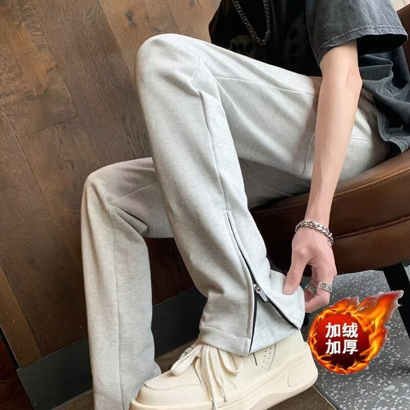 修身微喇褲子美式花灰色加絨衛褲男女同款垂感腳拉鏈開叉直筒褲--享樂
