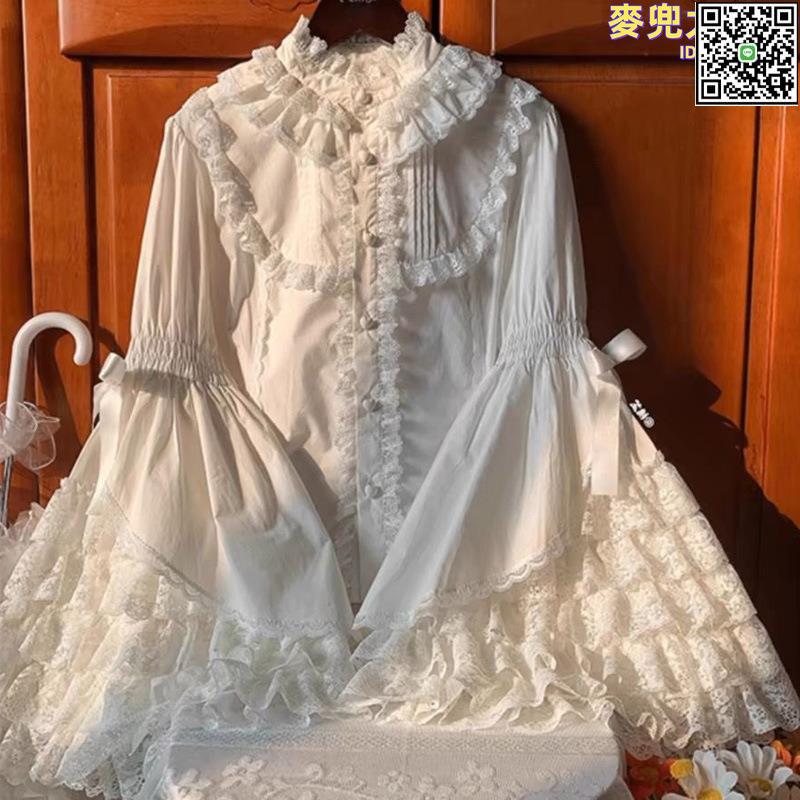【全球優品滙】yi線榀牌折扣復古白色蕾絲喇叭袖襯衫女小眾別致絕美上衣