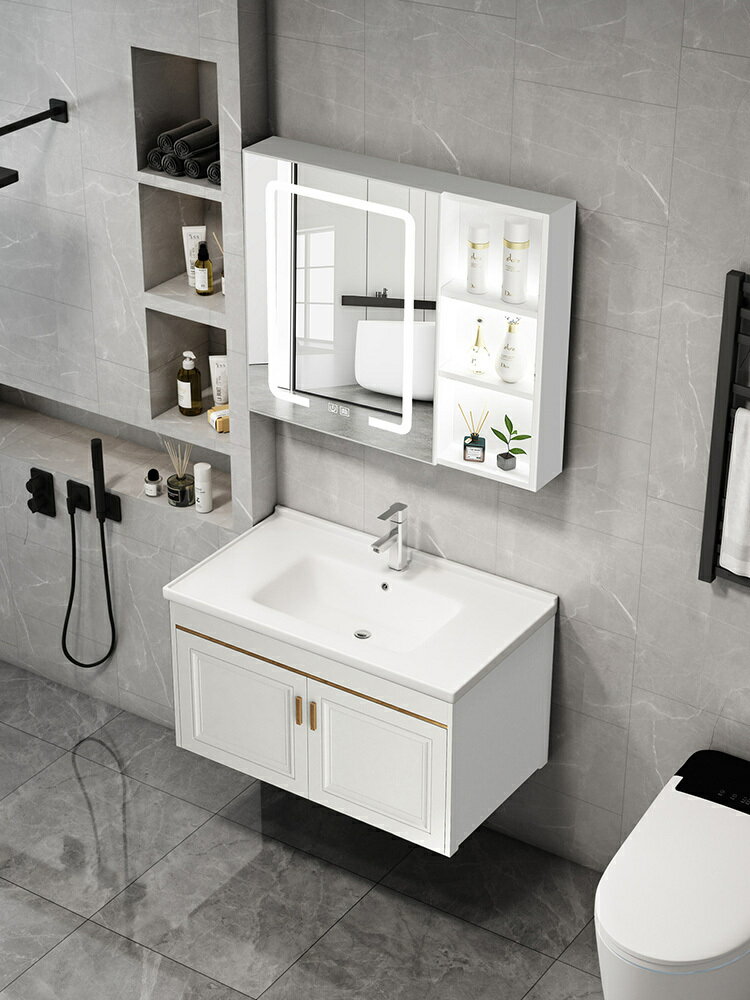 現代簡約太空鋁浴室柜衛生間陽臺洗手盆柜組合洗臉盆洗漱臺面池盆/洗手盆/洗臉盆/洗漱盆/陶瓷盆/浴室盆/鏡櫃洗手盆一體式