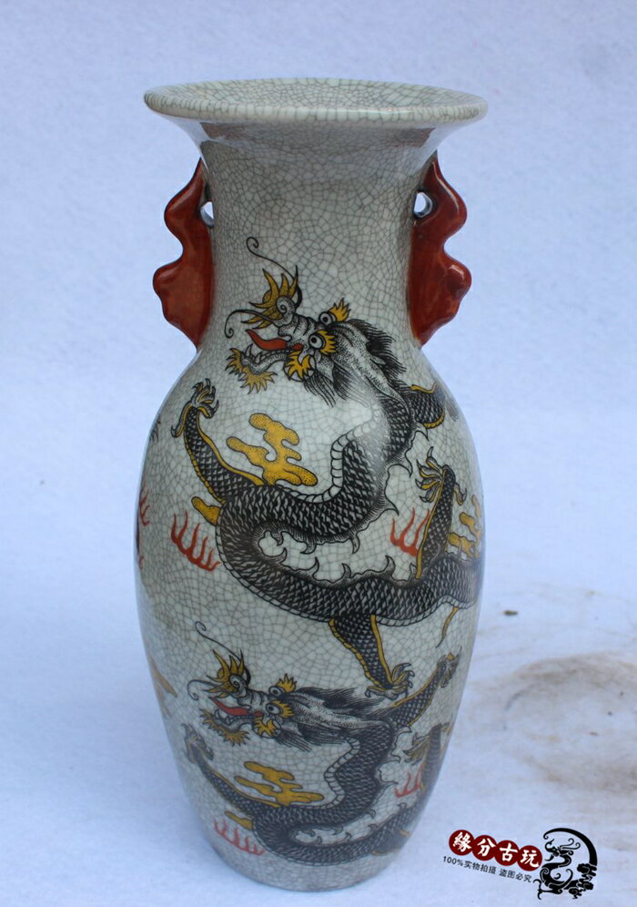 古玩收藏 仿古做舊景德鎮青花瓷瓷器博古架擺件 粉彩雙龍花瓶花插1入