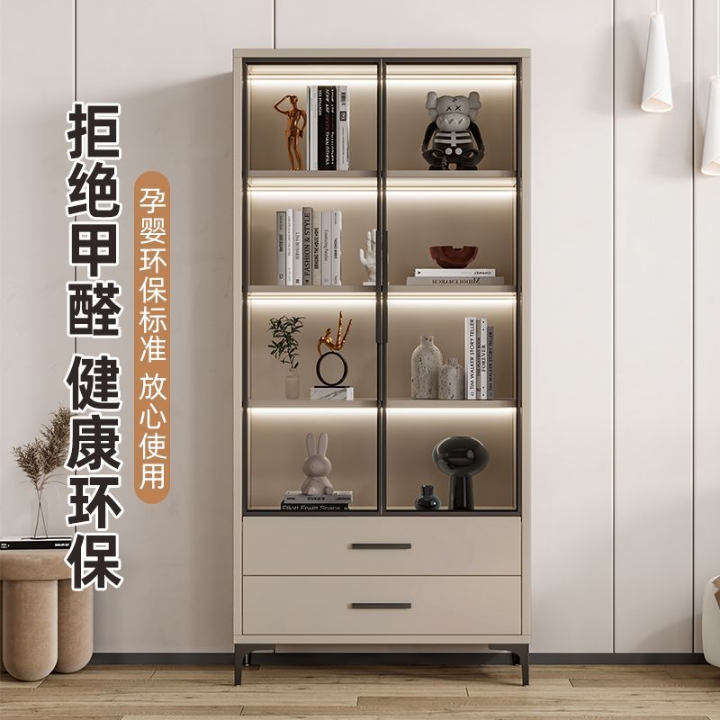 書櫃 輕奢玻璃門書櫃落地靠墻實木組合展示櫃子客廳書房收納儲物櫃書櫥S0128快速出貨