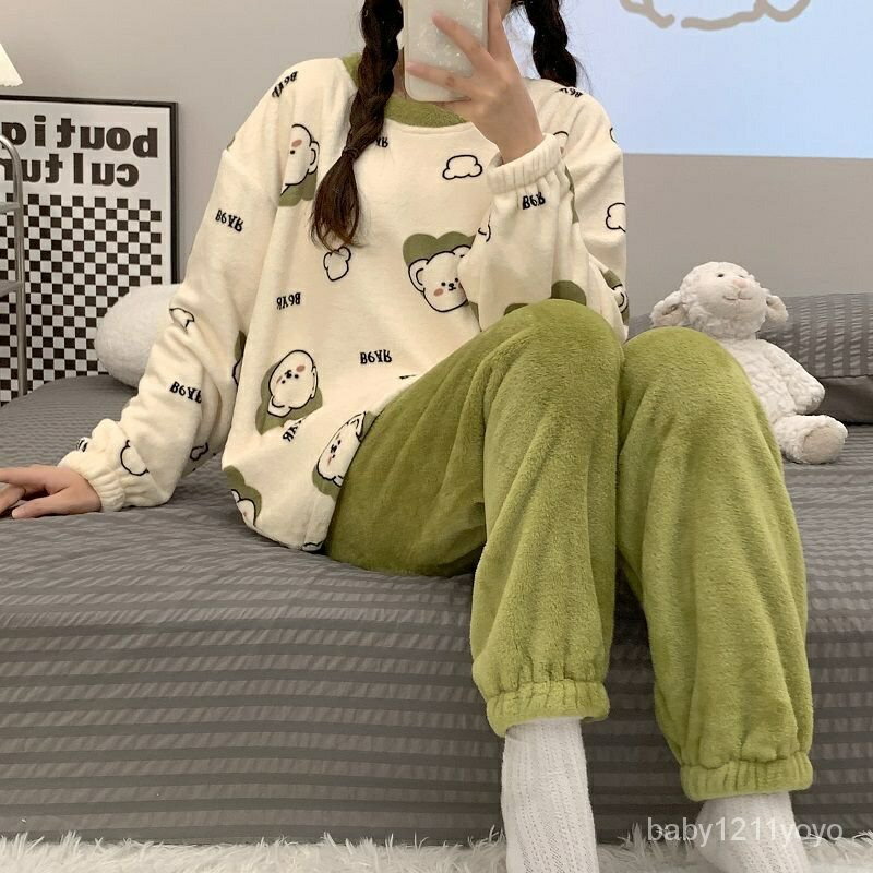 免運舒適 可愛珊瑚絨睡衣女秋冬季加絨圓領家居服甜美日系學院法蘭絨套裝長袖睡衣睡衣女居家睡衣可愛睡衣秋冬睡衣套裝卡通睡衣