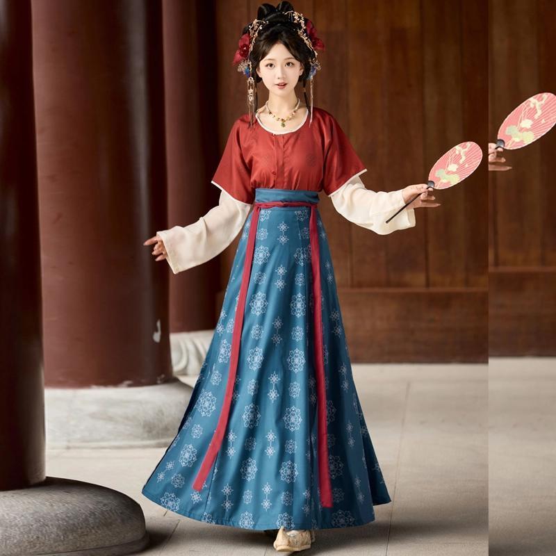 瑤圃宴新款原創唐制漢服印花坦領唐褙子春夏圓領衫齊腰破裙日常款z7302